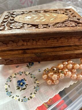 Vintage wooden Jewelry trinket box Ivory bone inlay made in India lined